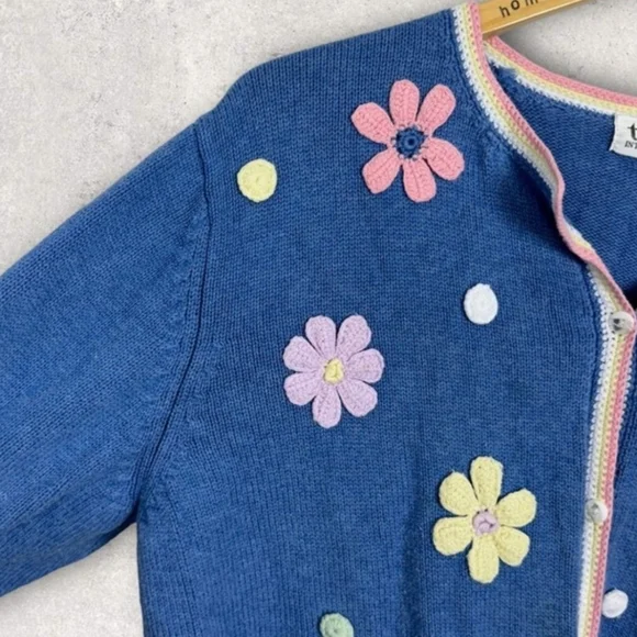 Vintage Granny Core Sweater Embroidered Floral Cardigan Knit Blue Pastel Size XL - Picture 3 of 6